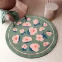 Tapis enfant rond vert à fleurs roses