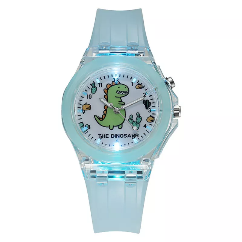 Montre enfant bleu clair à motif de dinosaure avec flash lumineux