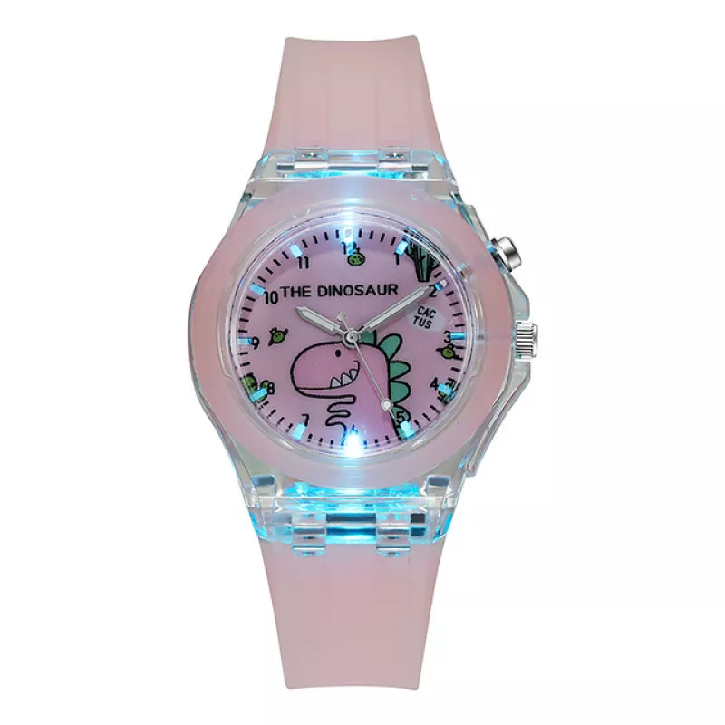 Montre enfant rose à motif de dinosaure avec flash lumineux