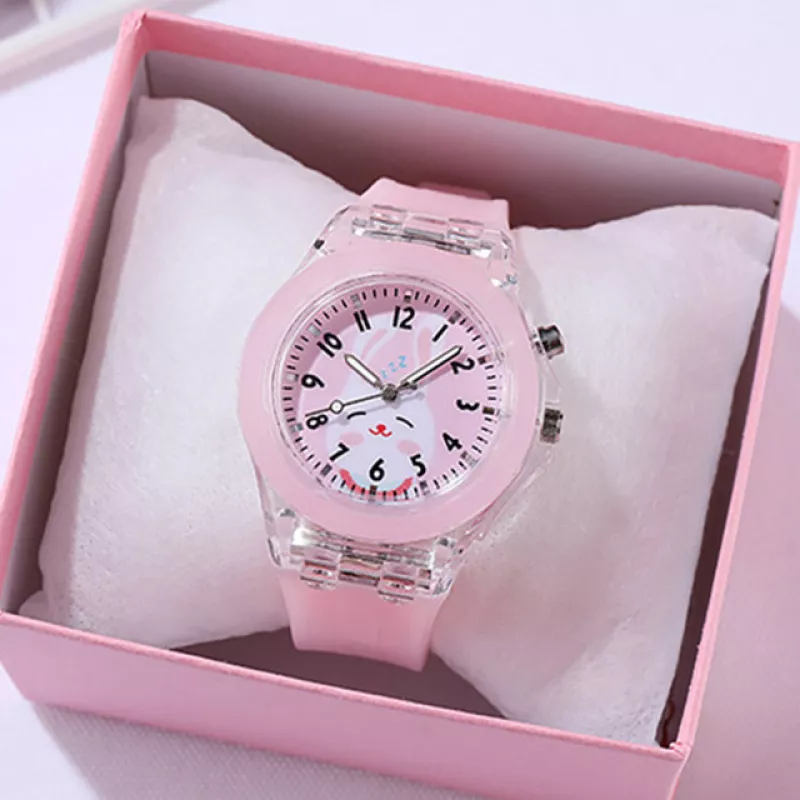 Montre enfant rose décorée d'un motif de lapin mignon