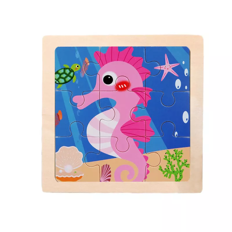 Puzzle enfant en bois avec une image d'hippocampe rose 